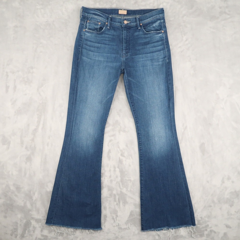 MOTHER The Weekender Fray Jeans Womens 30 Blue Bazaar Adventures Flare Raw Hem
